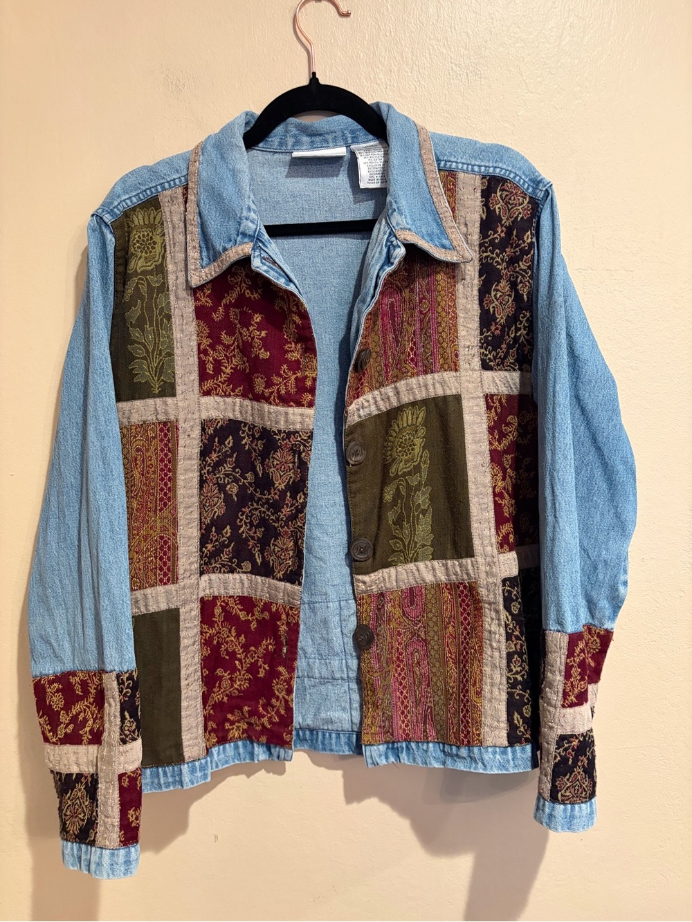 Boho Cowboy Tapestry Panel Denim Jacket in Olive & Burgundy, Button Up, size L
